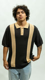 Vertical Stripe Knit Polo - Black/Tan