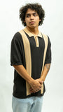 Vertical Stripe Knit Polo - Black/Tan